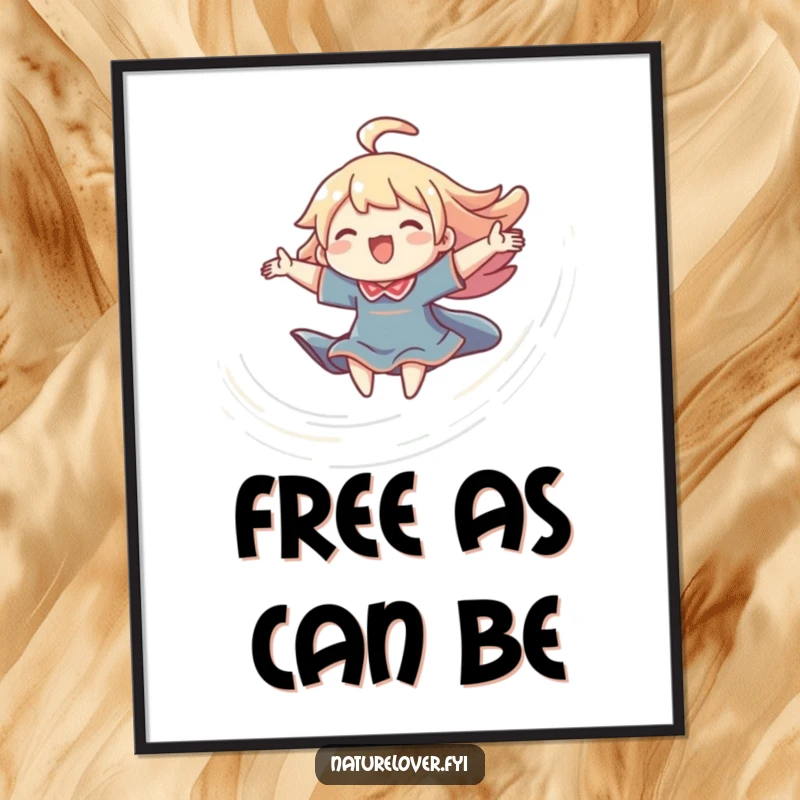 Funny joyful breeze poster showing a small character with arms wide, riding a swirling breeze, embodying pure exhilaration.