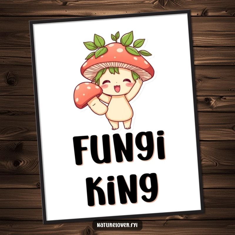 Funny poster art of a cute character with leafy hair triumphantly holding a giant mushroom, creating a whimsical and humorous statement piece.