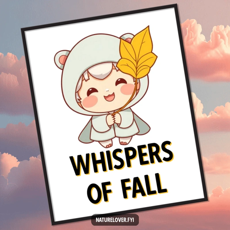 Funny poster print showing a smiling character receiving a golden leaf from a gentle breeze, capturing a peaceful and humorous moment.