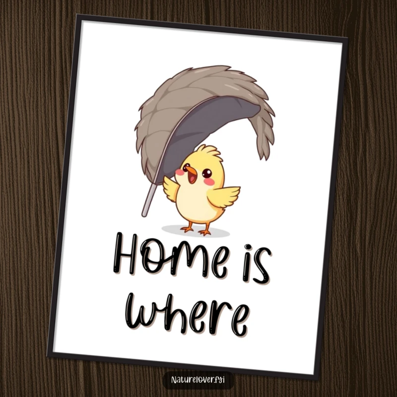 Funny bird poster depicting a gleeful bird attempting to build a nest using one massive feather, adding humor to walls.
