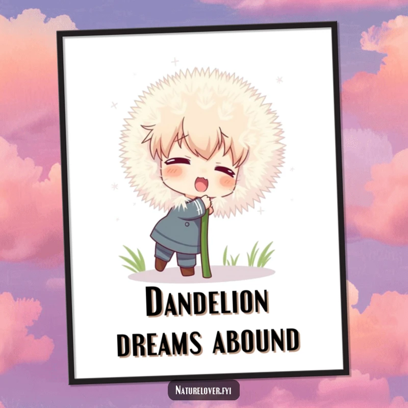 Funny poster print of a character attempting to hug a comically large, fluffy dandelion with joyful abandon.