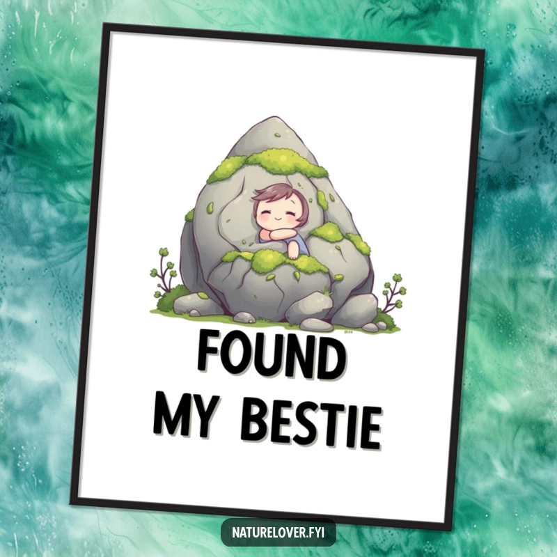 Funny poster capturing a cute character happily embracing a massive, moss-covered rock, celebrating nature and contentment with humor.