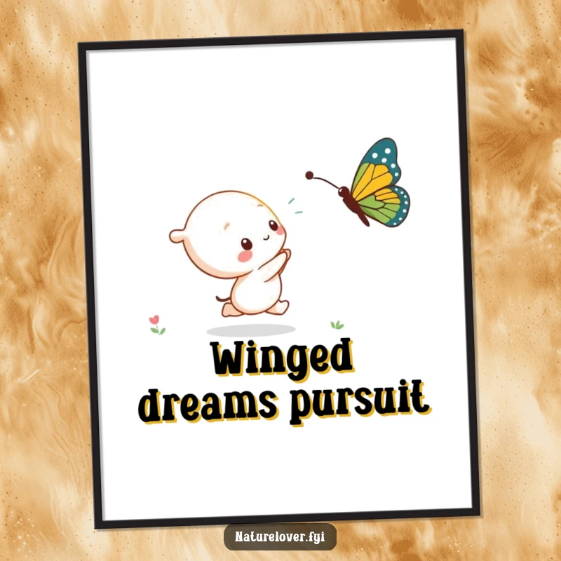 Funny kawaii character determinedly chasing a huge butterfly, creating a whimsical and inspiring scene on this poster.