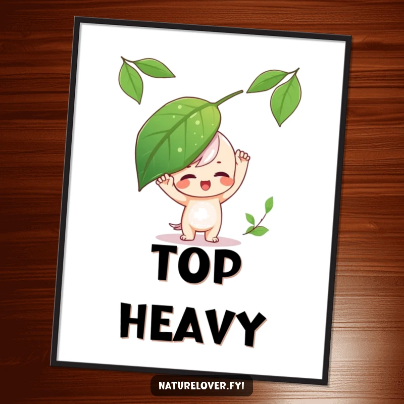 Funny Poster of a playful character balancing a large leaf on its head, adding whimsy to decor.