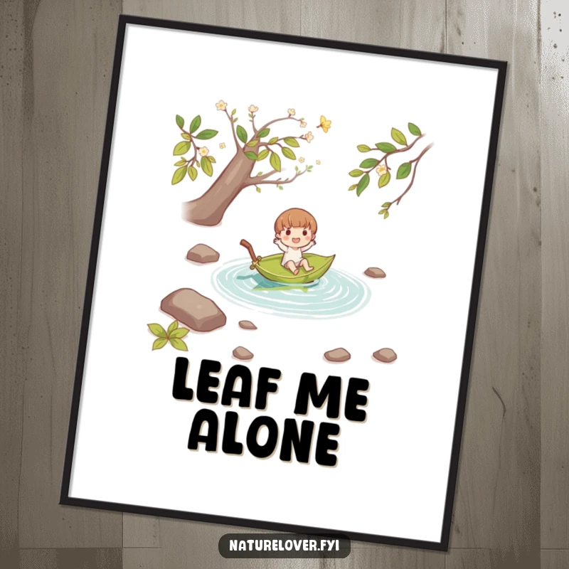 Funny small character joyfully floating down a stream on a fallen leaf boat, captured in a peaceful and humorous poster.