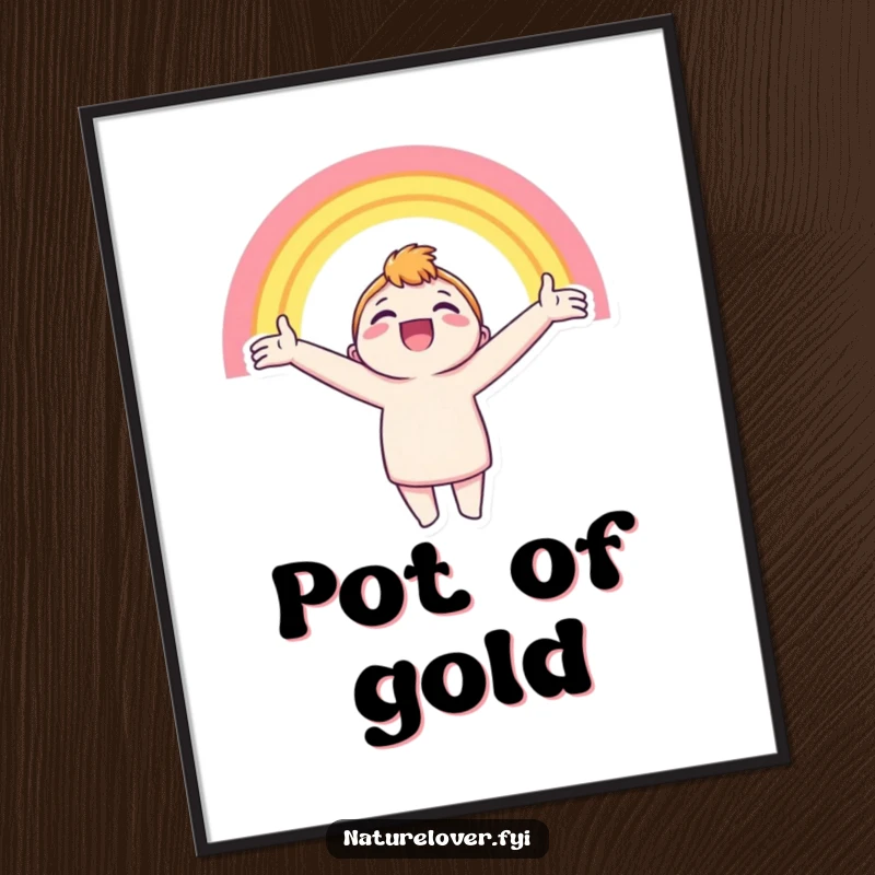 Funny poster showing a character with arms outstretched, beaming with pure delight at a spectacular, bright rainbow.