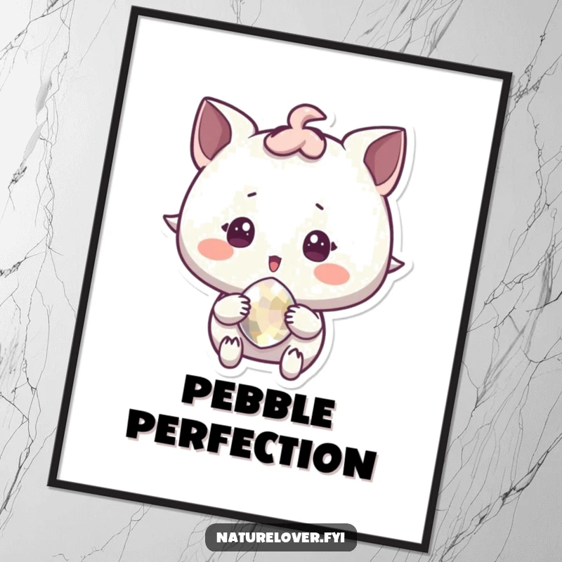 Funny Poster of a character in a state of surprised delight, holding a sparkling pebble, adding joy.