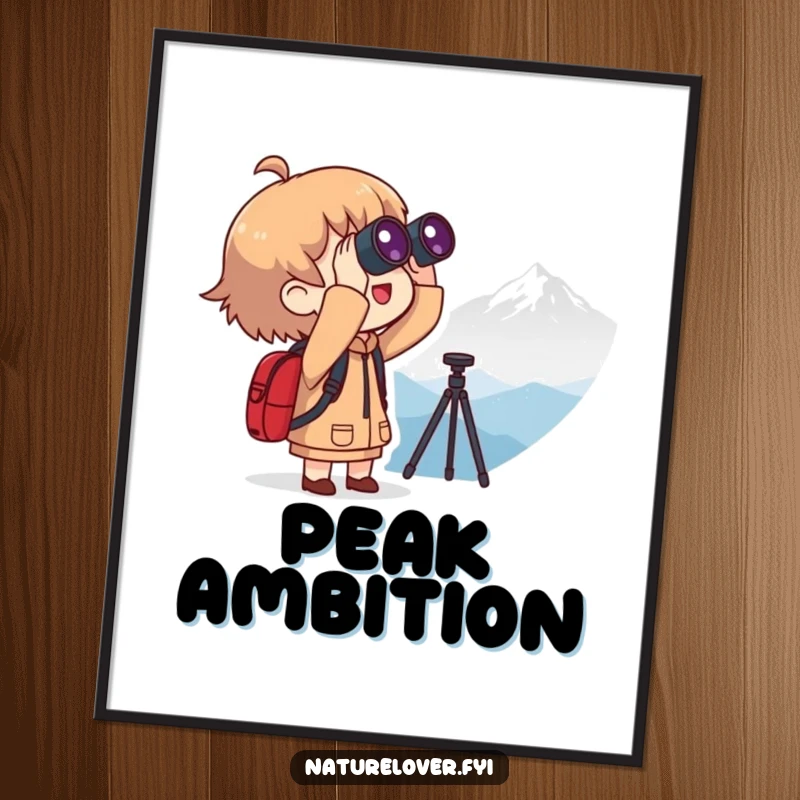 Funny poster art of a character using binoculars to view a distant, silhouetted mountain, creating a humorous and inspiring statement piece.