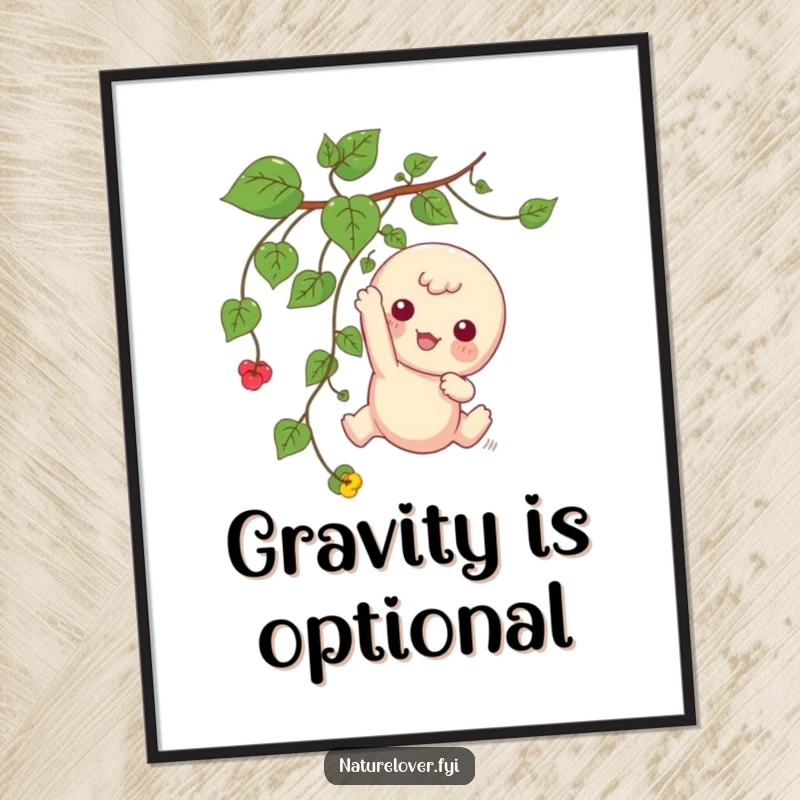 Funny poster art of a kawaii character playfully dangling from a vine, capturing whimsical cuteness and joy.