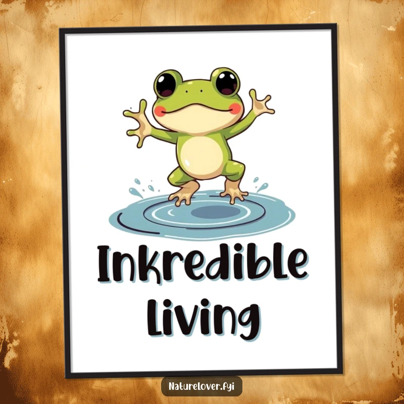 Funny poster featuring a frog wearing small galoshes, enthusiastically jumping in a big puddle of ink.