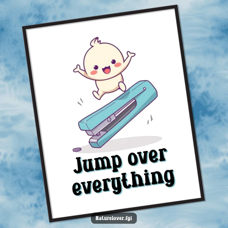 Funny Poster: A cute character gleefully leaps over a huge fallen twig, creating energetic and fun wall art.