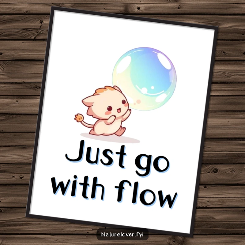 Funny poster depicting a creature playfully chasing a large, shimmering iridescent bubble, radiating pure imaginative fun.