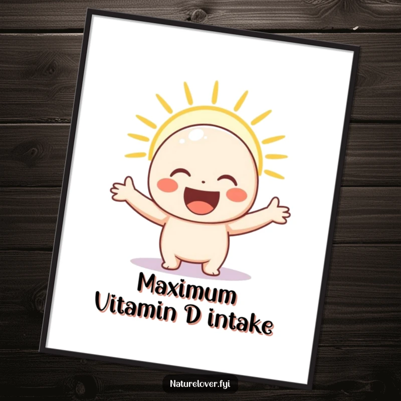 Funny poster art of a happy character spreading arms wide, soaking in a glowing sunbeam, illustrating pure, unadulterated bliss.