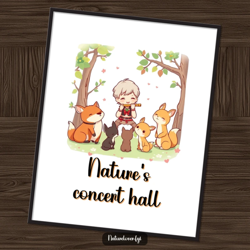 Funny poster depicting a character joyfully playing a flute for a group of attentive woodland creatures in a magical forest scene.