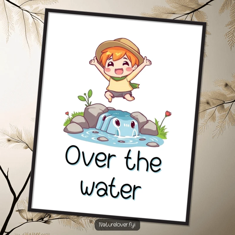 Funny Stream Leap Poster: An energetic nature lover character enthusiastically leaps over a small stream, a vibrant and funny artwork.