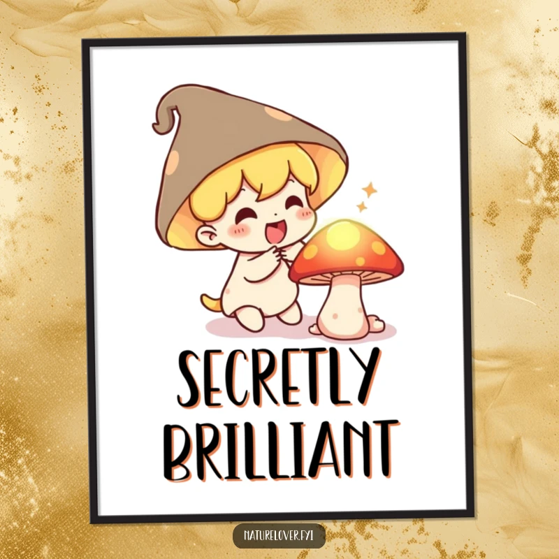 Funny Poster: A small character gasps with delight at a secret, glowing mushroom, creating enchanting wall art.
