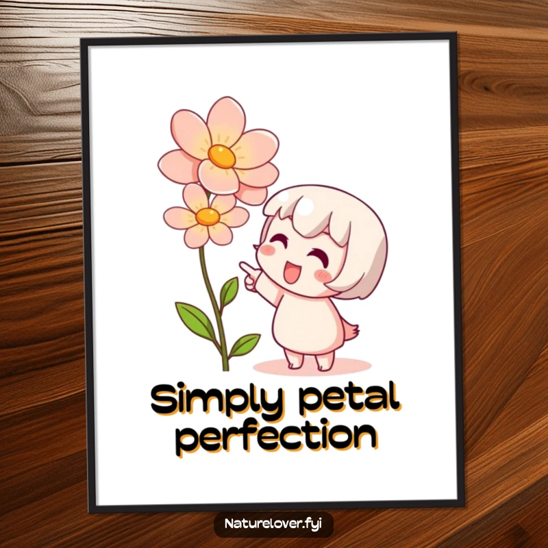 Funny poster print of a cute character pointing excitedly at a stunning blooming flower, conveying admiration and wonder.