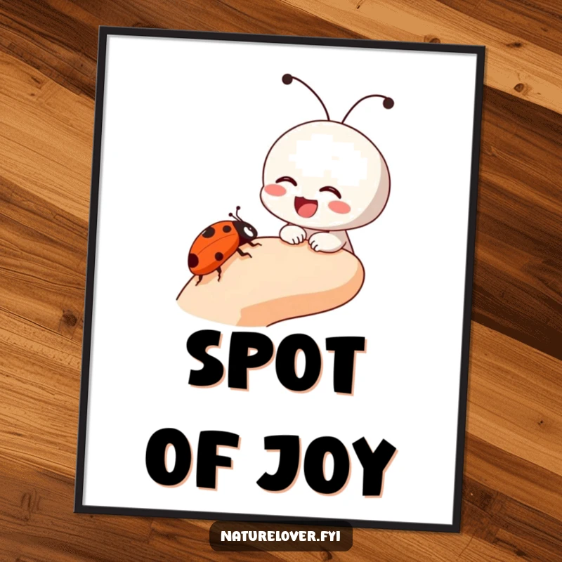 Funny art poster of a small character laughing uncontrollably as a ladybug crawls on its finger, depicting pure, humorous delight.