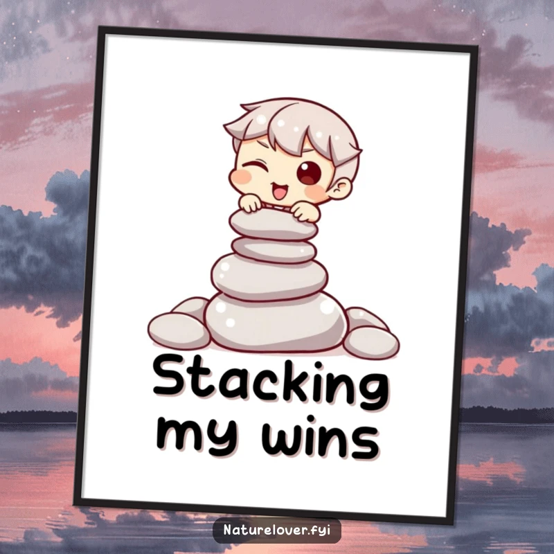 Funny poster depicting a character winking while attempting to balance a pile of smooth stones, promoting calm and focus.