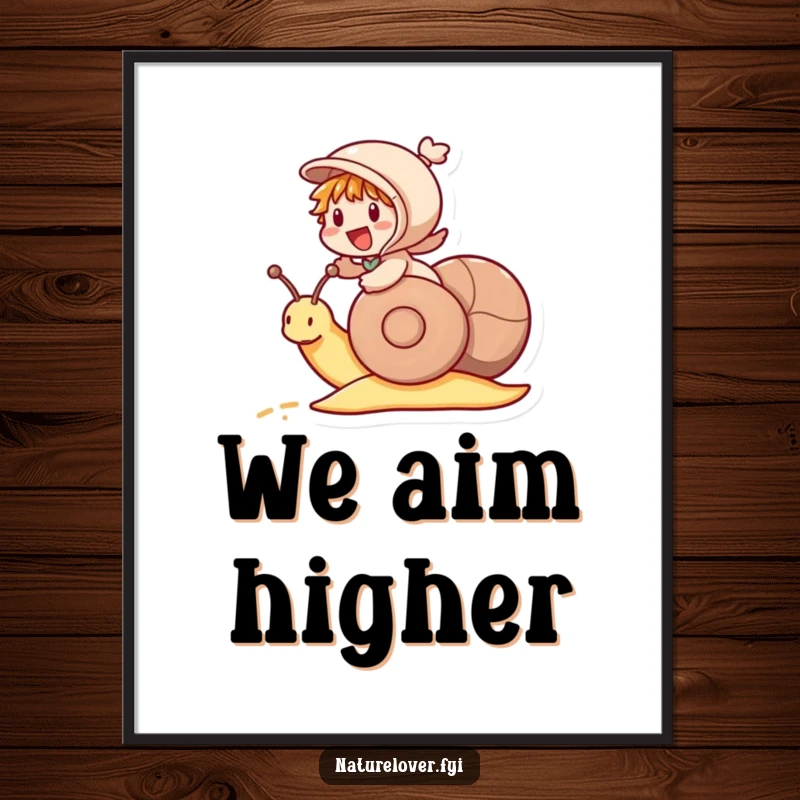 Funny poster art of a little character excitedly riding a snail like a racehorse, capturing humorous speed and adventure.