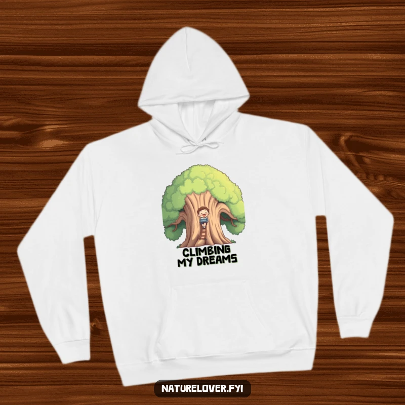 Funny smiling figure climbing a huge, benevolent tree, printed on a comfortable and warm hoodie.