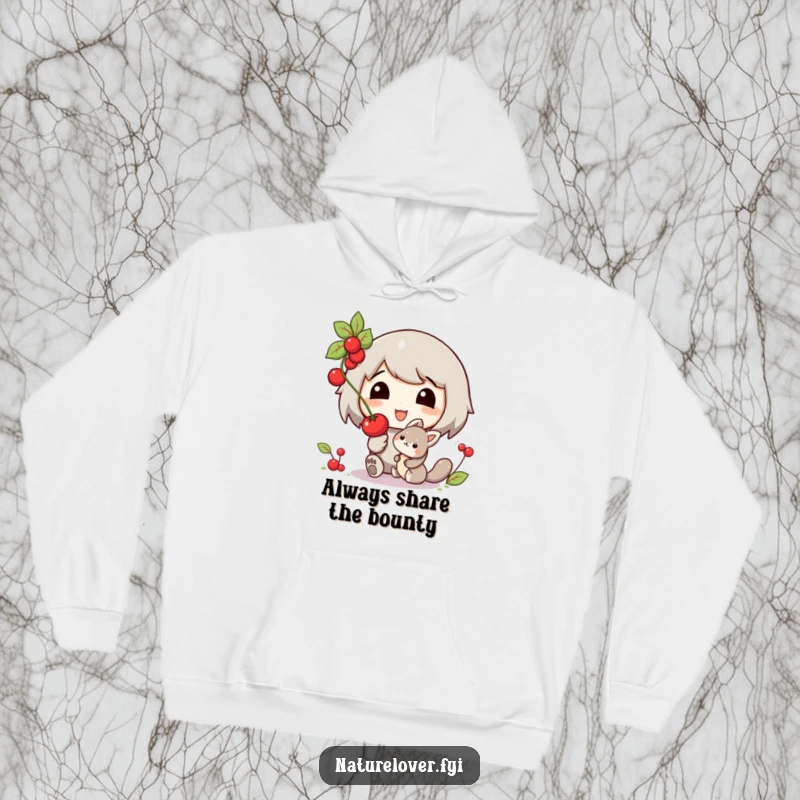 Funny hoodie print of a smiling character extending a berry to a small, welcoming woodland creature, perfect for gifting.