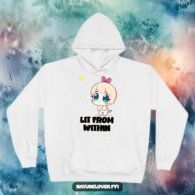 Funny hoodie with a cute character looking amazed as fireflies appear, perfect for cozy, humorous evenings and wonder.