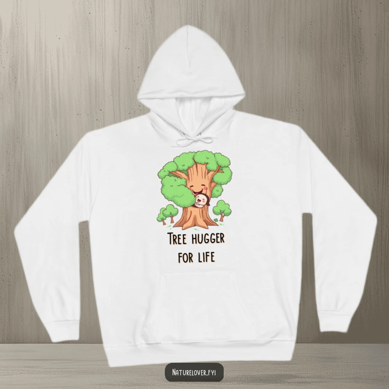 Funny Hugging Tree Hoodie, cozy sweatshirt with a cute character joyfully hugging a large, smiling tree, perfect for warmth.