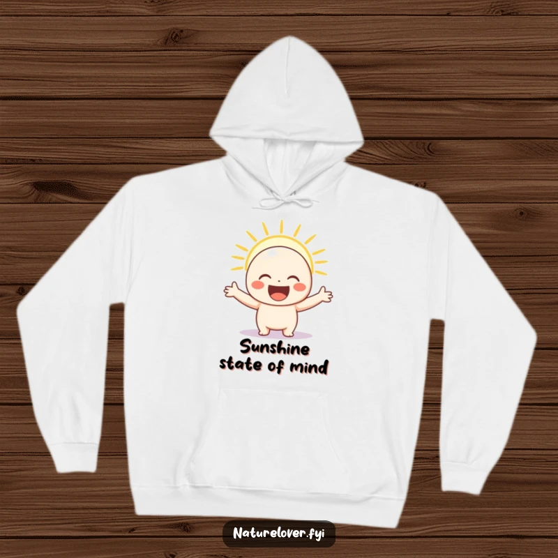 Funny hoodie graphic of a character with arms outstretched, delightedly basking in a golden sunbeam, conveying pure joy and comfort.
