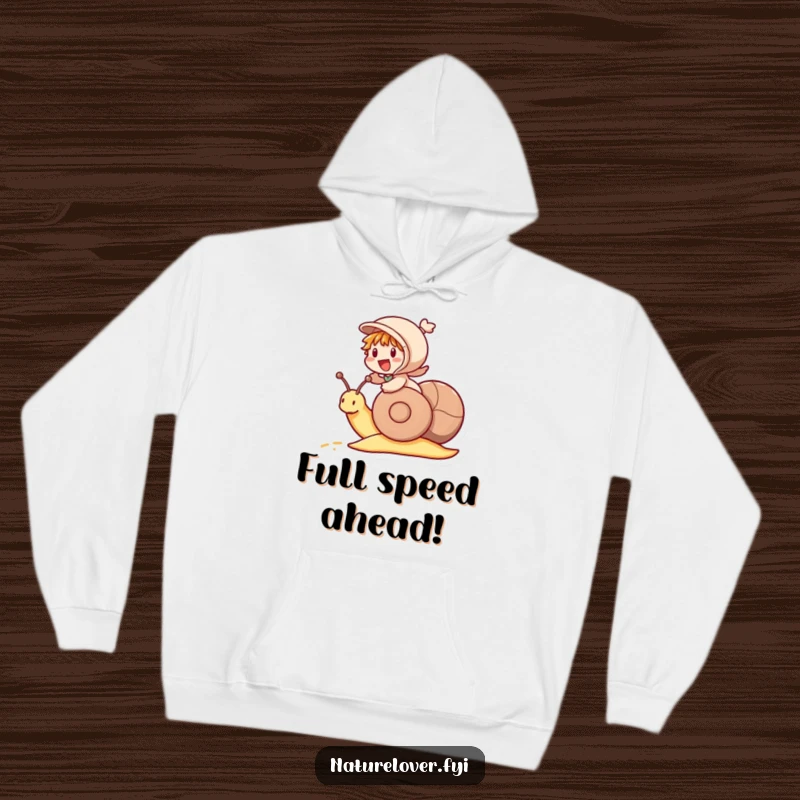 Funny hoodie showing a little character excitedly riding a snail as if it were a racehorse, perfect for cozy adventures.