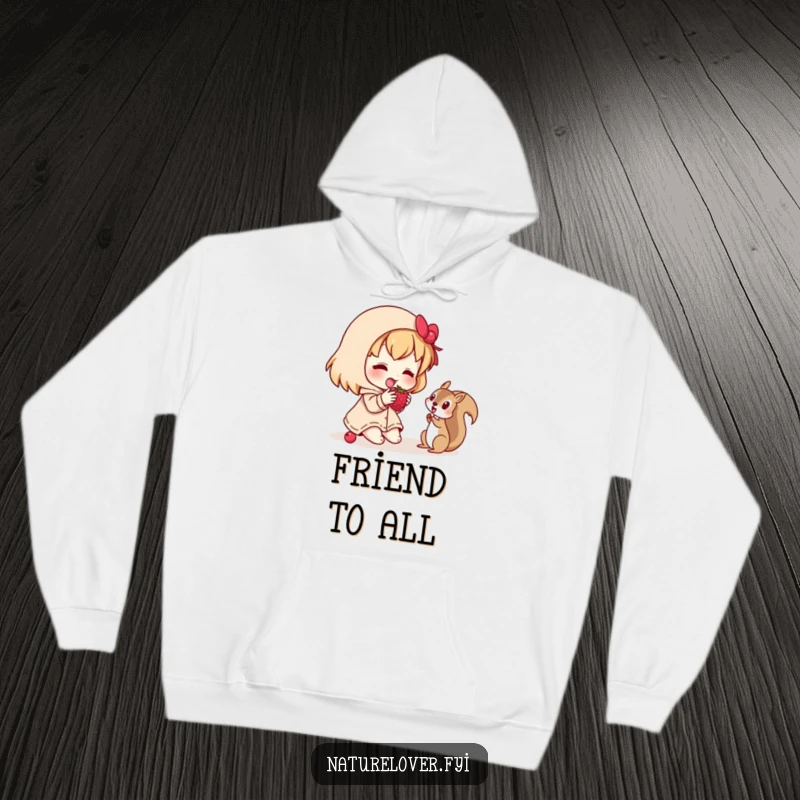Funny hoodie depicting a character happily sharing a berry with a curious squirrel, representing kindness, generosity, and sweet friendship.