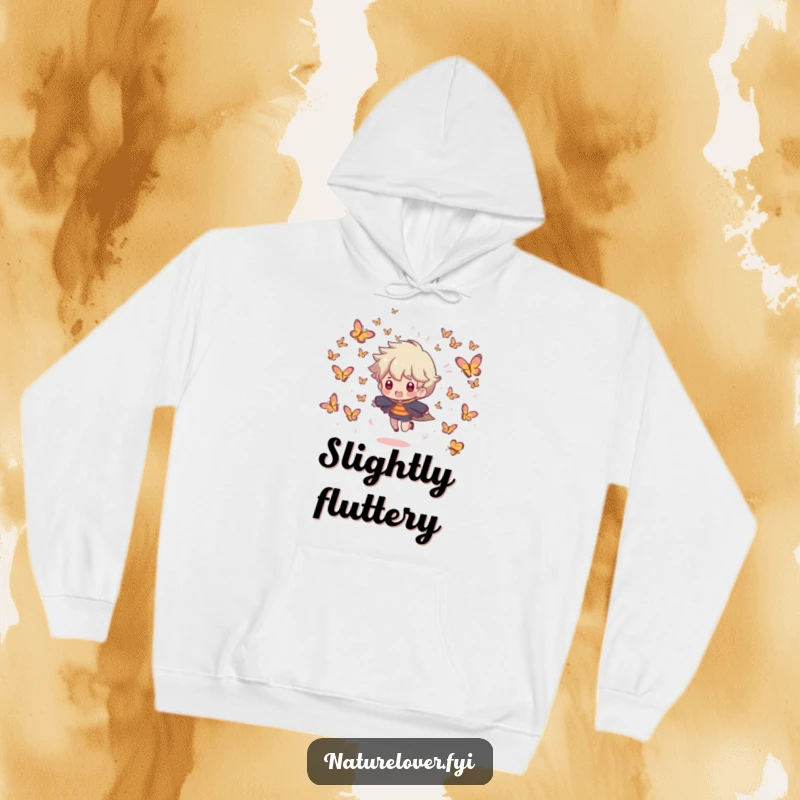 Funny hoodie featuring a character being playfully chased by a swarm of tiny, smiling butterflies, embodying gentle fun.