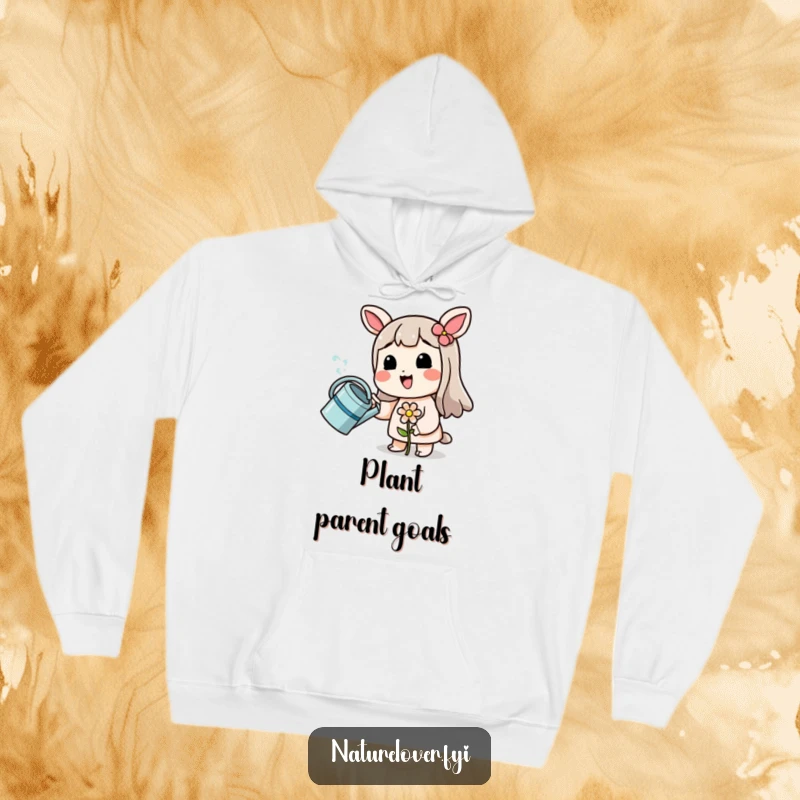 Funny hoodie depicting a smiling character watering a small, struggling flower, evoking a sense of funny care and gentle persistence.