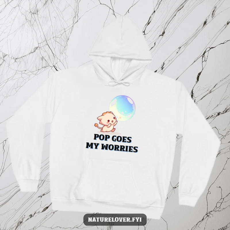 Funny hoodie with a creature joyfully chasing a large, iridescent bubble, embodying carefree play and delightful pursuit.