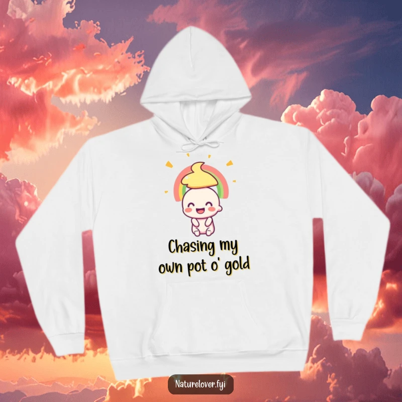 Funny hoodie featuring a small character with a huge smile, completely captivated by a breathtaking rainbow, spreading pure delight.