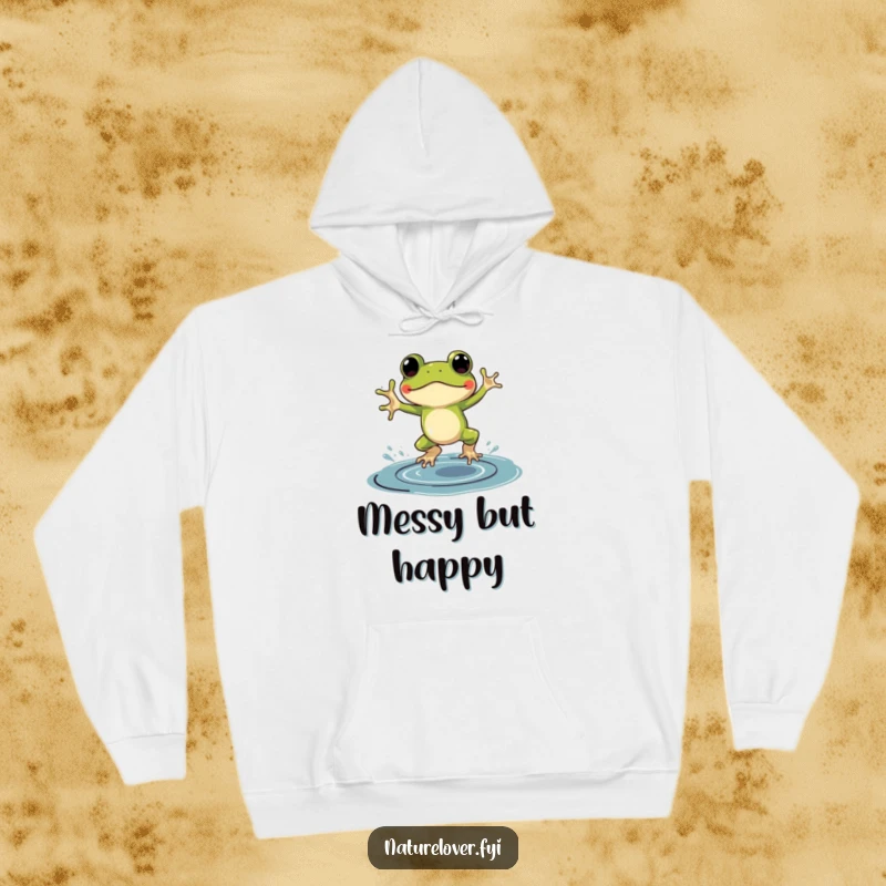 Funny hoodie design of a frog clad in tiny galoshes, enthusiastically leaping through a puddle of ink.