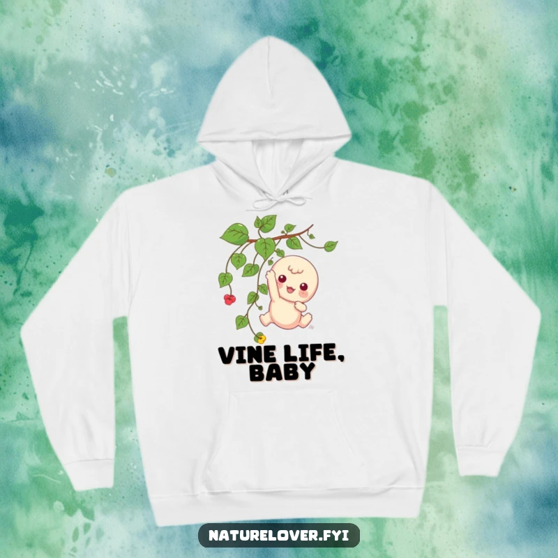 Funny hoodie showing a kawaii character playfully dangling from a vine, perfect for cozy, playful moments.