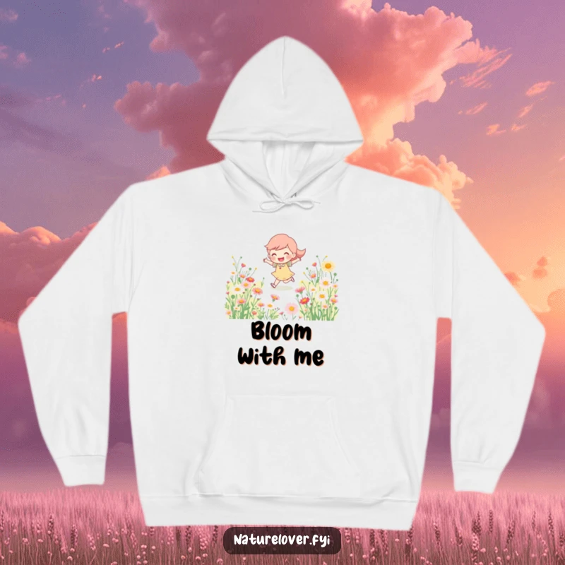 Funny Hoodie: Cozy character happily skipping through a vibrant wildflower meadow, designed for comfort and playful spirit.