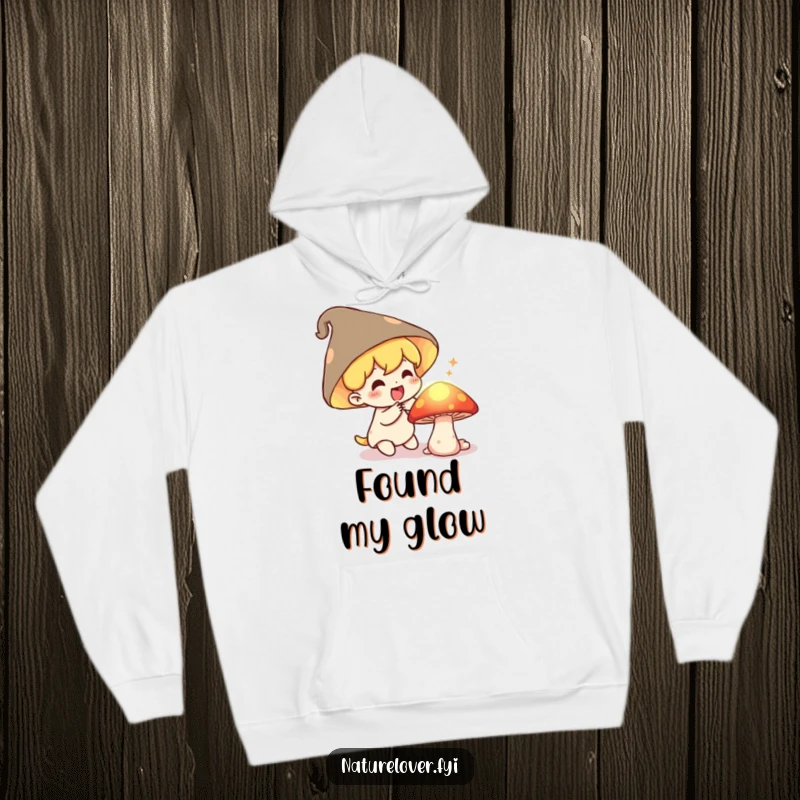 Funny Hoodie: A small character gasps in delight finding a secret, glowing mushroom, offering cozy comfort and whimsical charm.