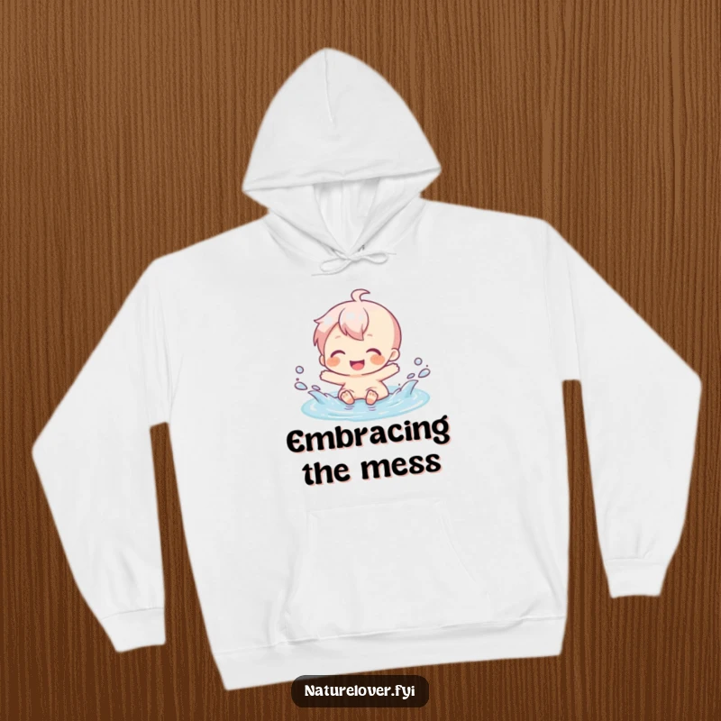 Funny hoodie featuring a character gleefully splashing in a tiny puddle, conveying warmth and happy vibes.