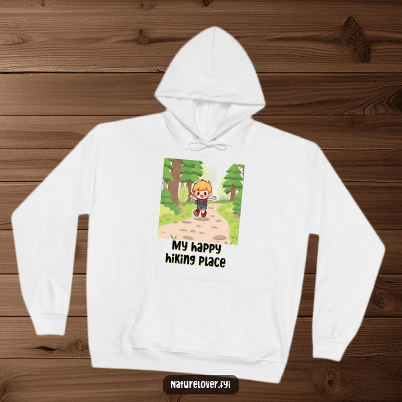 Funny hoodie showing a character with hiking boots, skipping merrily on a forest path, embodying outdoor happiness.