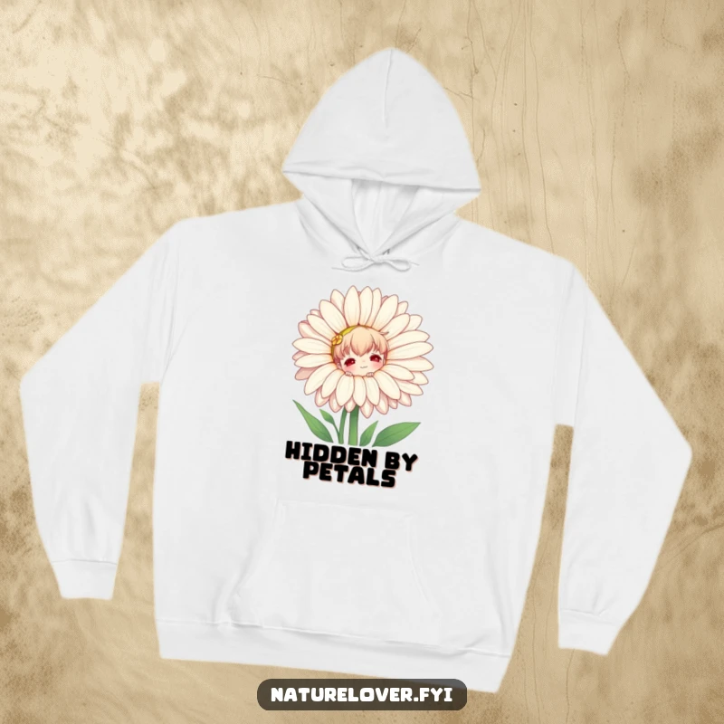Funny hoodie with a nature lover character playfully peeking behind a colossal daisy, perfect for garden lovers and outdoor enthusiasts.