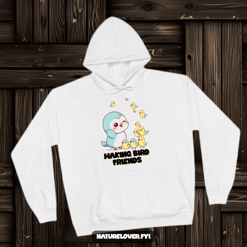 Funny Hoodie: A small character gives a playful wink while waving at tiny, cheerful birds, offering cozy charm.