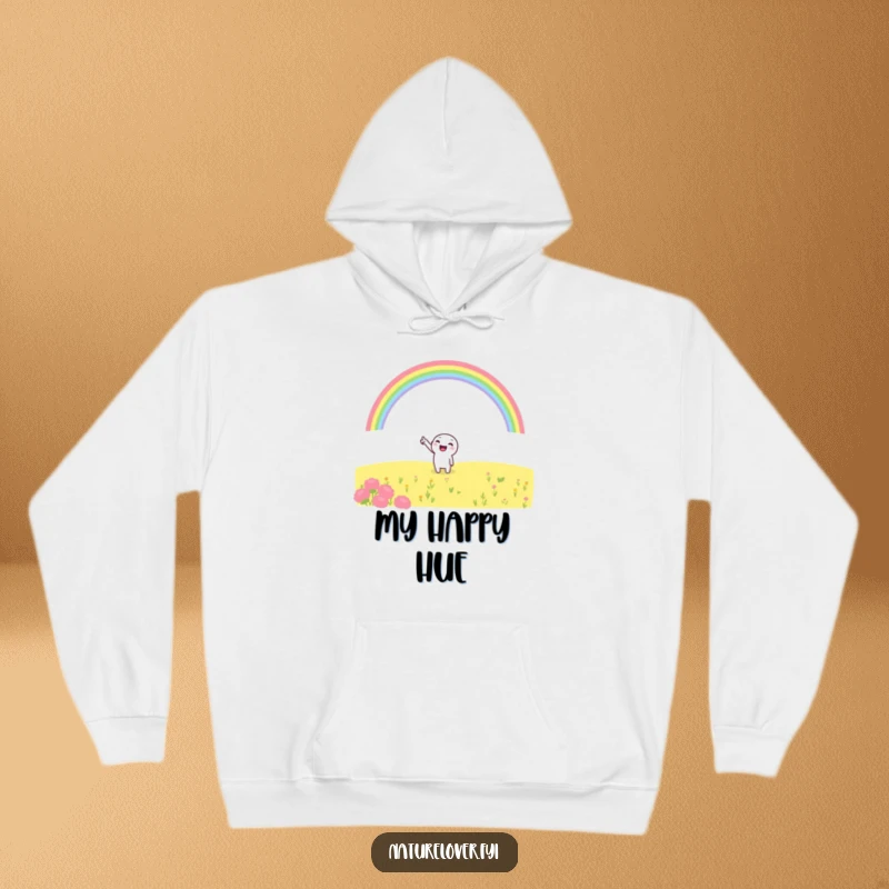 Funny hoodie depicting a small, cheerful character excitedly pointing towards a colorful rainbow stretching over a picturesque landscape.