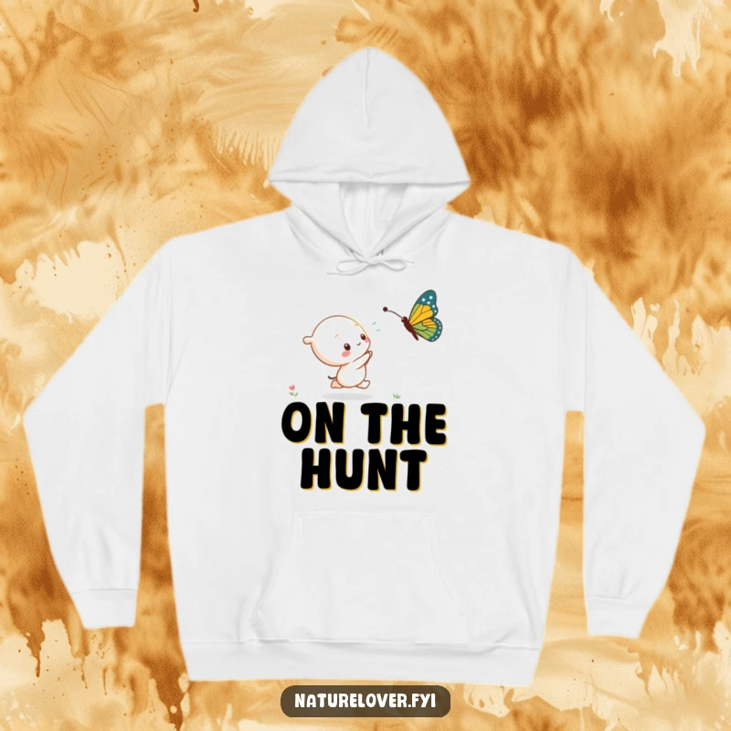 Funny kawaii character's epic chase of a massive butterfly, printed on a soft and cozy hoodie.