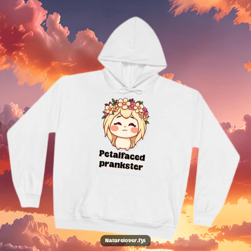 Funny hoodie with a nature lover character wearing a flower crown and making a funny face, perfect for garden lovers and free spirits.