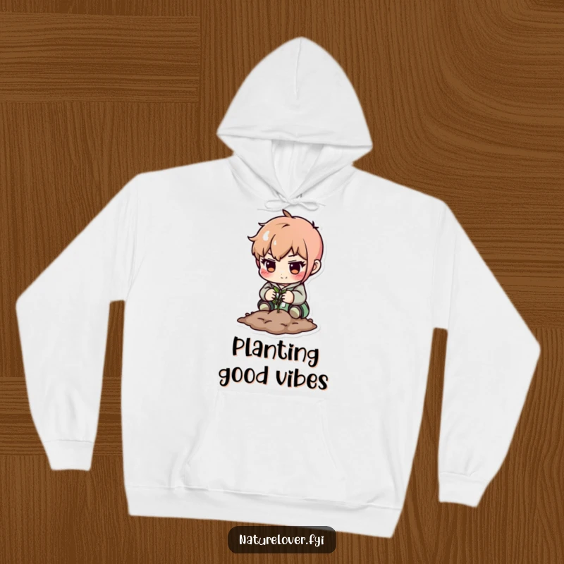 Funny hoodie: cute character carefully plants a small seed with a determined expression. Cozy and funny.