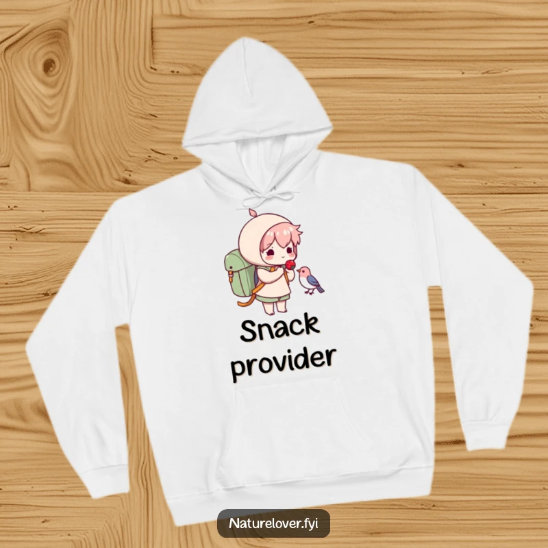 Funny hoodie featuring a cute character with a backpack offering a berry to a small bird, radiating funny warmth and gentle friendship.