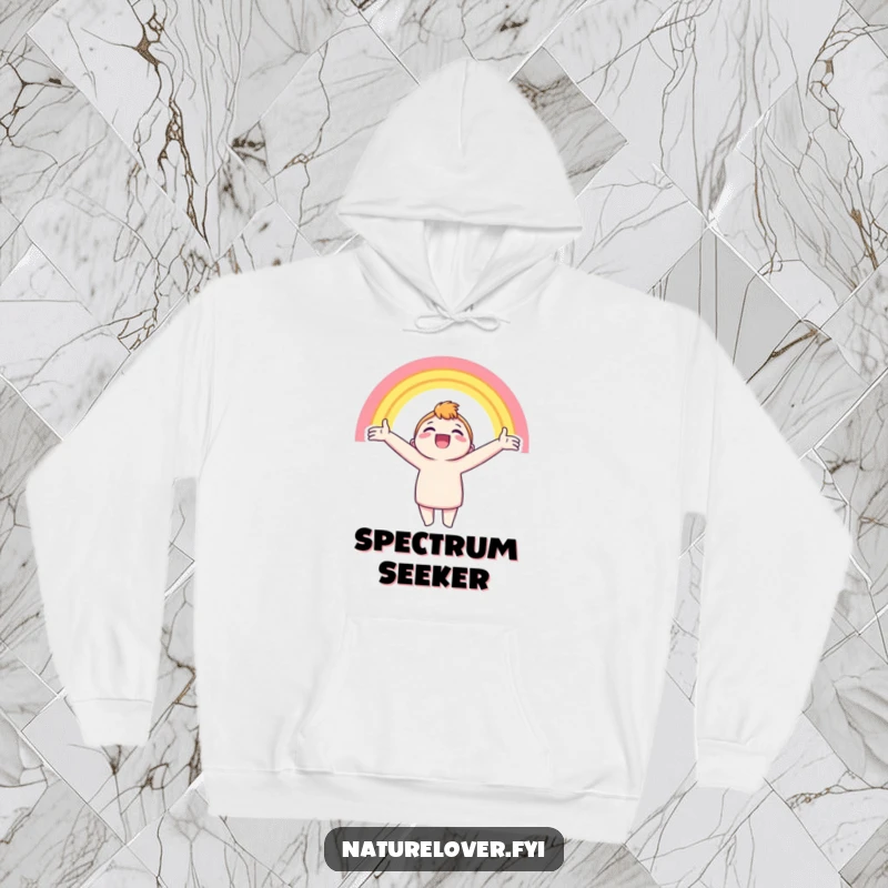 Funny hoodie showcasing a character with arms outstretched, beaming with pure joy at a bright, colorful rainbow.