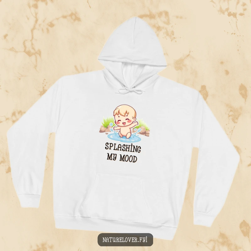 Funny joyful character splashing with abandon in a small puddle, printed on a comfortable hoodie.